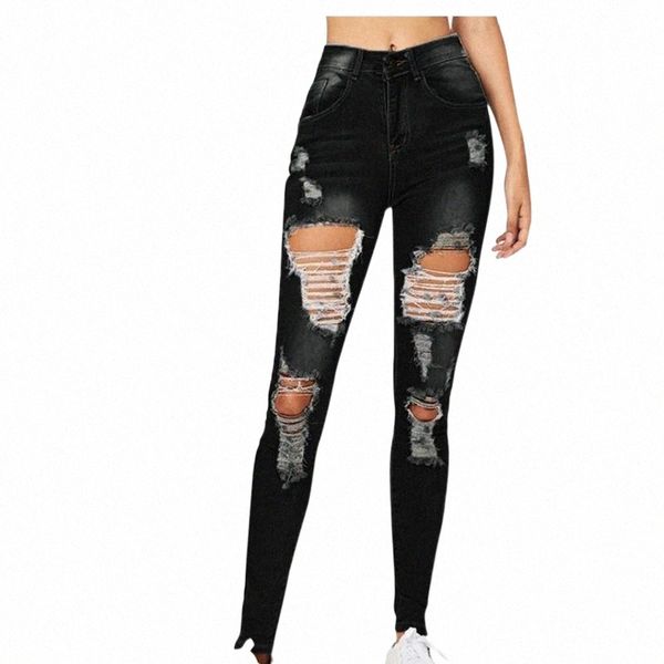 

fall woman jeans buttons hole casual denim female fashion high waist slim fit solid color trousers blue pencil jean women's pants & cap, Black;white