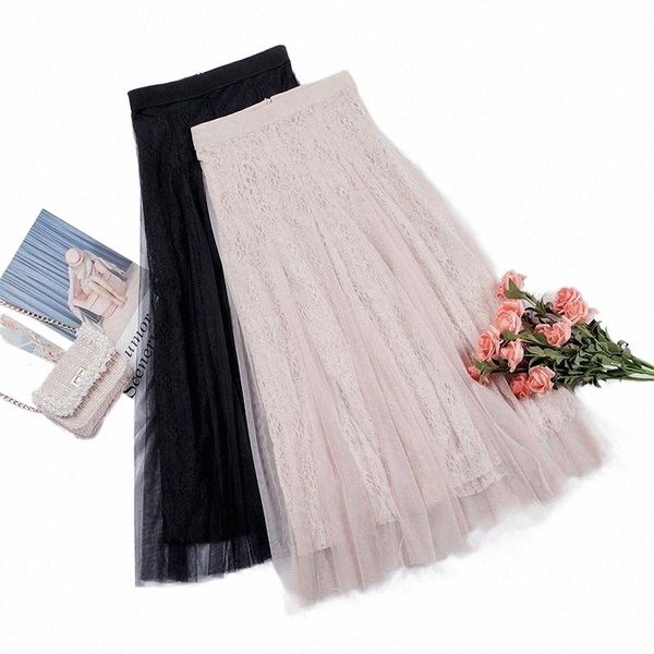 

skirts ftlzz women sweet ruffle tulle skirt high waist lady elegant vintage pleated female a-line lace maxi long v2ci#, Black