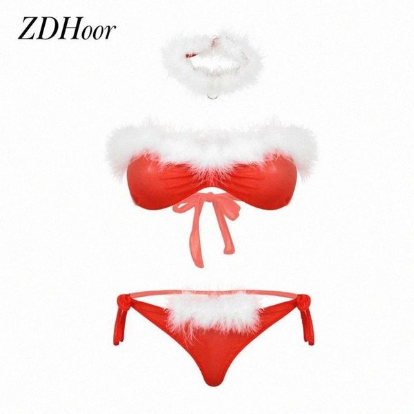 

womens erotic sheer mesh santa costume christmas lingerie set strapless feather trim bra briefs underwear with choker bras sets m0d7#, Red;black