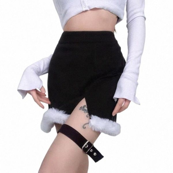 

skirts hip skirt women solid color splicing plush mini personality high waist split and thigh straps streetwear 2021 e473#, Black