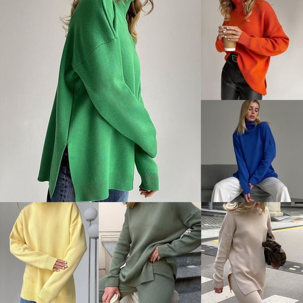 

winter women loose knit high neck sweater designer side slit clothing, White;black