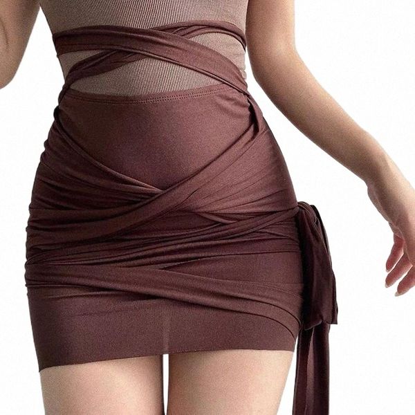 

skirts brown mini skirt yk2 clothes bottoms womens summer lace up folds bandage tight high waisted plad cotton pencil 29lb#, Black