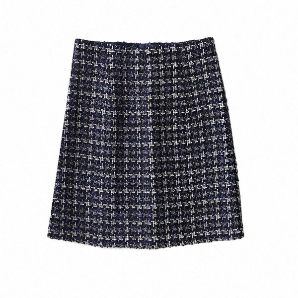 

skirts dark blue plaid tweed skirt 2021 spring / autumn women's ladies high waist slim wild bag hip a-line i5sy#, Black