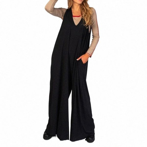 

loose fit jumpsuits for women casual solid v neck with pockets jumpsuit rompers spring sumemr woman clothing bodysuits black#3 women's, Black;white