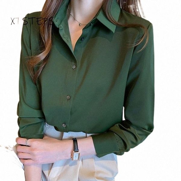 

satin professional suit shirts blouses women 2021 long sleeve office work wear chic ladies clothes green blouse women's & z2o3#, White