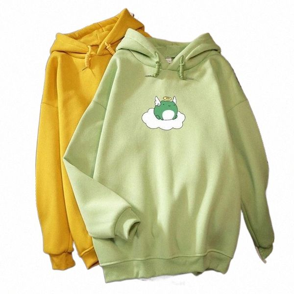 

winter funny angel frog oversized sweatshirt women men hoodies harajuku warm hoodie pullover drawstring pink womens korean style women', Black