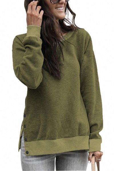 

spring/fall/winter oneck sweater fashion hem button decoration split pullover casual long loose sports commuter all-match blouse women', Black