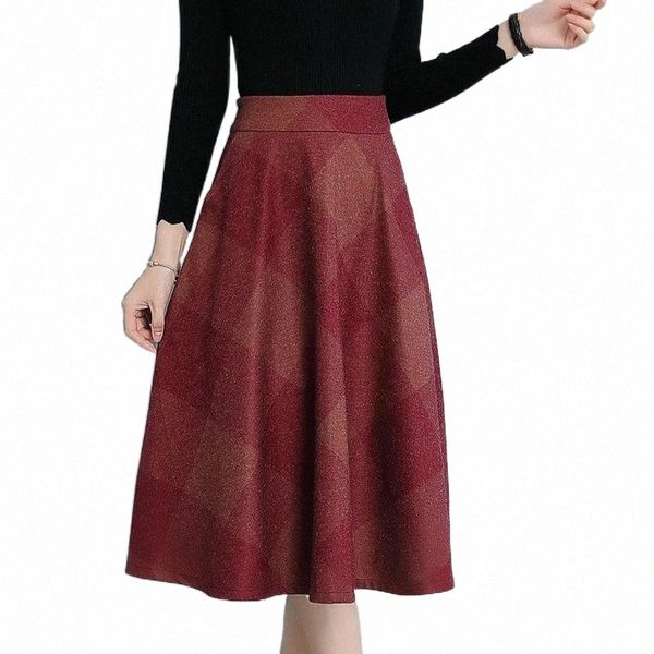 

women's slim slimming fashion casual mid-length plaid waist woolen skirt skirts womens k71e#, Black