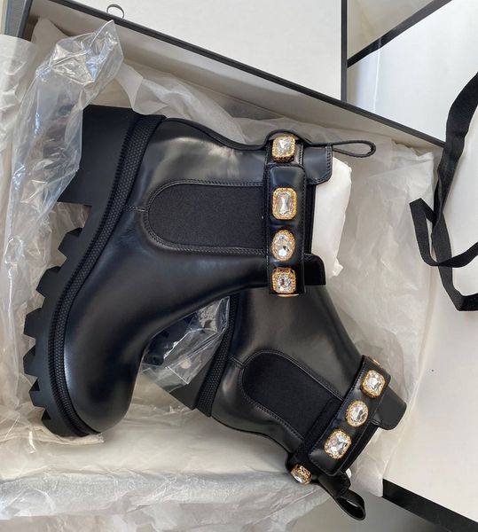 

winter famous brand crystal-embellished ankle boots women crystal belt black calf leather chunky soles combat booty lady comfort walking