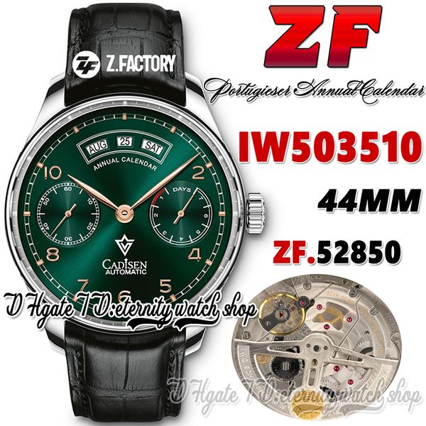 

zf v2 zf503510 annual calendar mens watch a52850 automatic green power reserve dial number markers stainless case leather strap 2022 super e, Slivery;brown