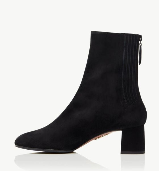 

woman elgant winter aquazzuras boot honore bootie leather suede zip mid calf block heel stretch ankle boots ch heel rubber outsole, Black