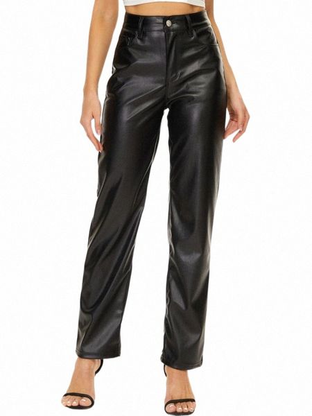 

women's pants & capris high waist black pu faux leather woman straight leg baggy trousers with pockets winter fashion casual streetwear, Black;white