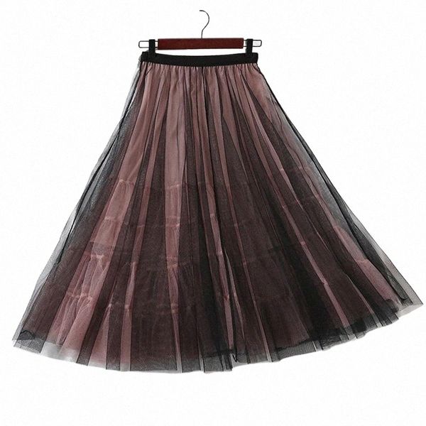 

skirts mesh flared long tutu skirt summer autumn pleated skater tulle sweet ball gown high waist patchwork big swing faldas k6b1#, Black