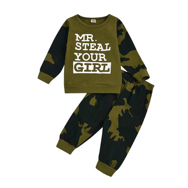 

children's clothing set spring autumn long-sleeved t-shirt and camouflage pants baby suit sports suits mr. steal your girl letter print, White