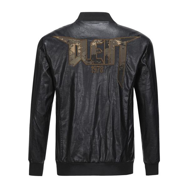 

plein-brand men's pp skull fur leather jacket thick baseball collar jacket simulation motorcycle p6970, Black