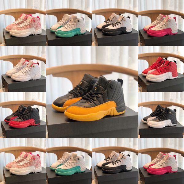 

boys girls kids asketball shoes 12 12s sneakers indigo university gold flu game cny taxi black cherry bordeaux white sports trainers size 26