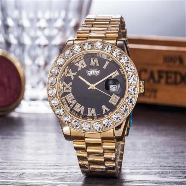 

44mm quartz watch luxury mens brand men watch big diamonds day-date brand stainless steel perpetual president diamond wristwatch w2329, Slivery;brown