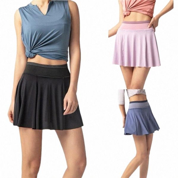 

women casual pleated hem skirt summer solid color elastic high waist for sports ladies teenager work out fitness skirts i7uw#, Black