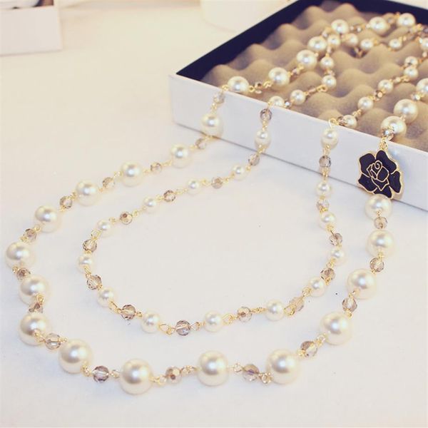 

luxury designer jewelry women necklace gray white pearl necklace with flowers double sweater chains elegant long necklaces for gir264w, Silver