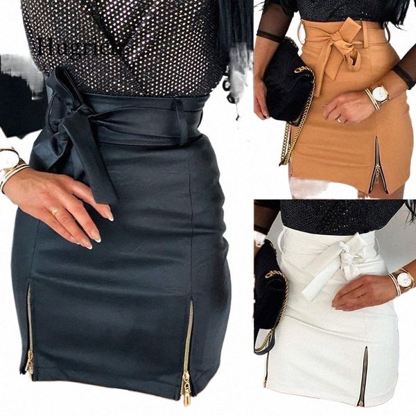 

skirts women black pu leather pencil bodycon skirt clubwear double zipper high waist mini short belt white khaki b4hv#
