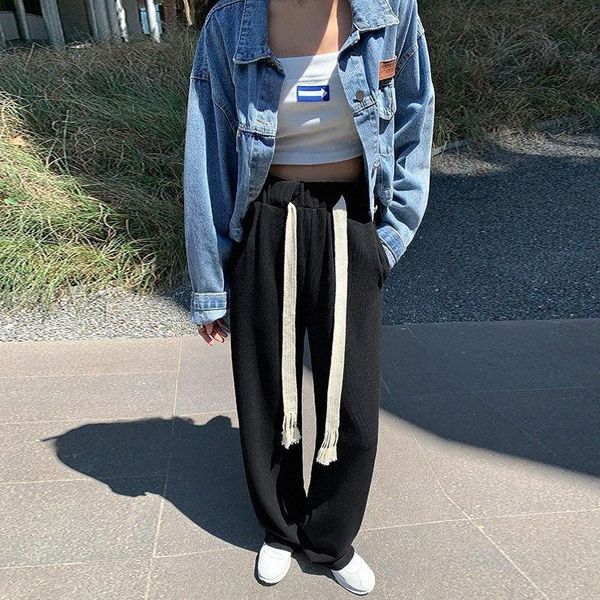 

women's pants & capris plush drawstring wide leg autumn and winter high waist vertical sports walking black casual 45jp#, Black;white