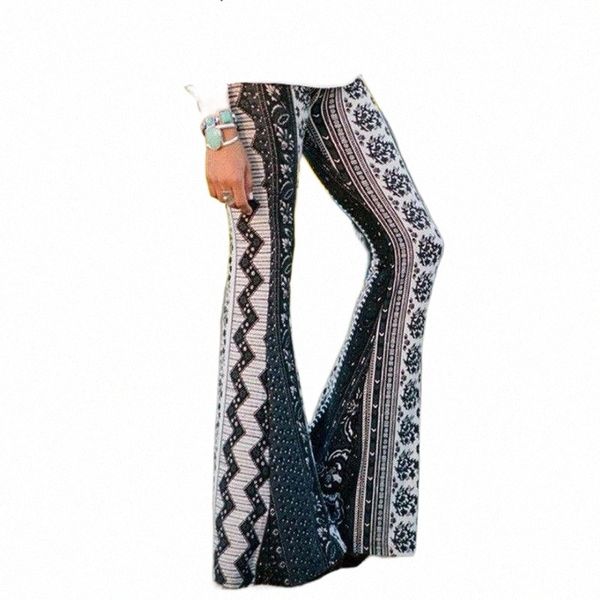 

casual women flare pant long boho hippie high waist loose wide leg flared bell bottom floral three colors optional women's pants & capr, Black;white