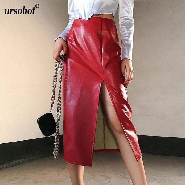 

skirts urso 2021 women high waist split pu skirt zipper hip package red bodycon ladies party night club leather midi z0pj#, Black