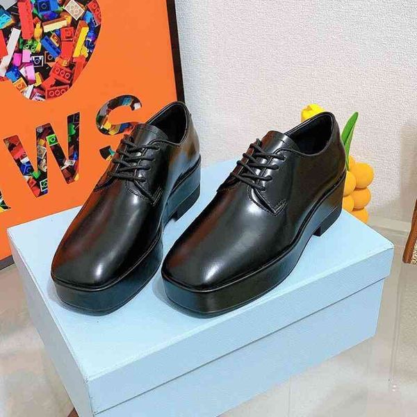 

dress shoes single shoe women's autumn square head lace up thick bottom sponge cake leather deep mouth derby high british style small, Black