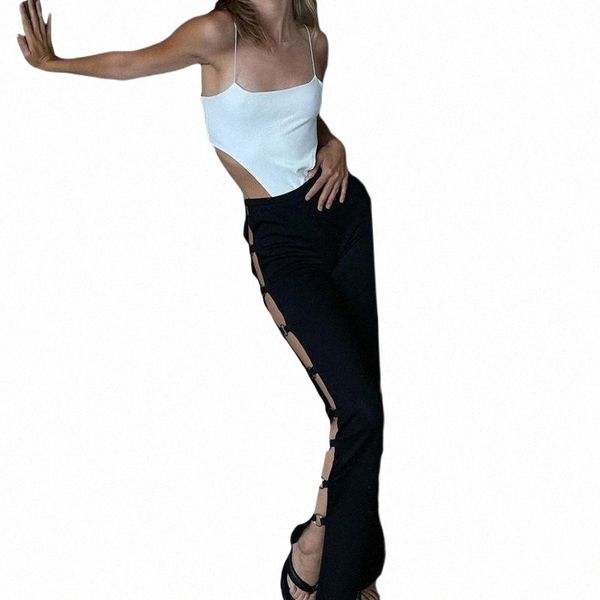 

women's pants & capris women hollow out trousers black solid color elastic waist with decorative hoops v4p8#, Black;white