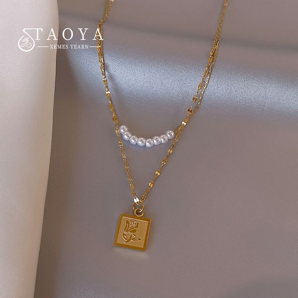 

design square rose pearl pendant double-layer stainless steel necklace 2022 new fashion jewelry for women's party necklace, Golden;silver