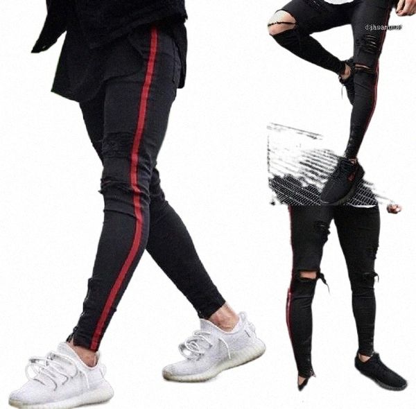 

men's jeans mens distressed washed denim side red striped slim ripped pencil pants holes male fashion zipper design long trousers11 o5q, Blue