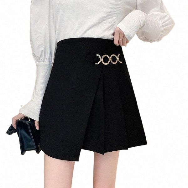 

autumn winter korean irregular pleated skirt women harajuku a-line skirts female high waist slim fit mini b3w4#, Black