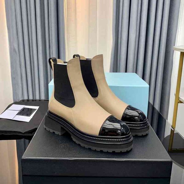 

boots short boots women's early autumn model thick soled elastic mouth cowhide color matching high chimney chelsea, Black