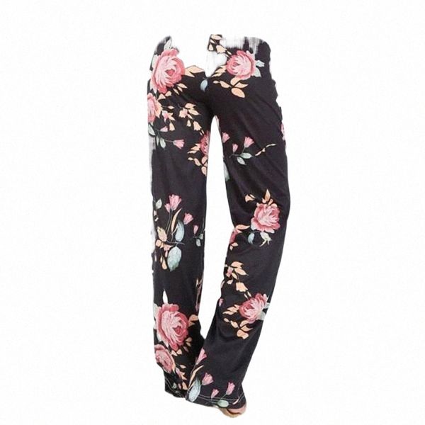 

womens comfy stretch floral print drawstring wide leg lounge pants women's with high waist & capris c9cc#, Black;white