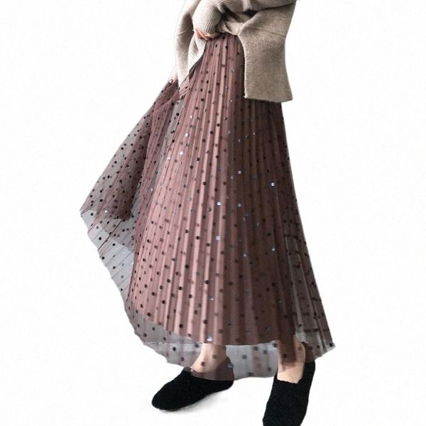 

skirts lining thick yarn skirt spring 2021 pleated elastic waist mid-length polka dot mesh commute k5es#, Black