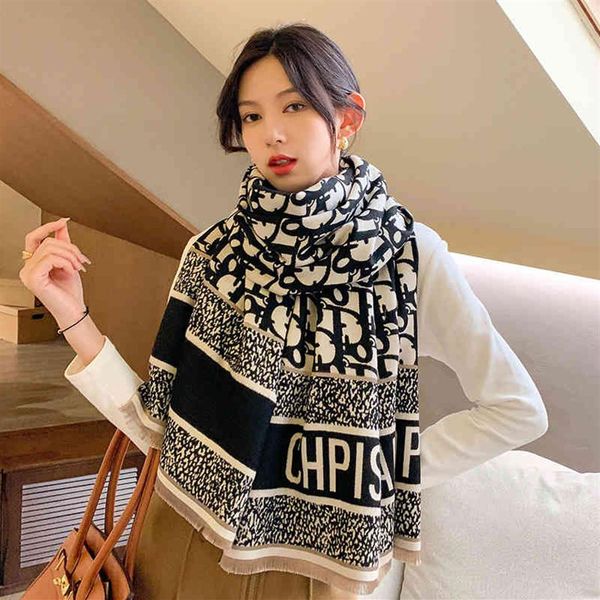 

design 2021 new letter scarf women's autumn and winter british versatile imitation cashmere wool warm bib shawl3162, Blue;gray