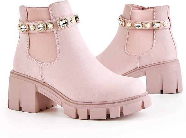 

winter women's boots low heel chunky zip chelsea style ankle boots pink, Black