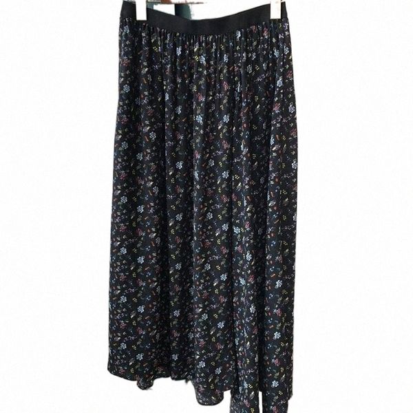 

women's floral printed long skirt elastic wasit loose female midi with pockets 2021 spring skirts 011c#, Black
