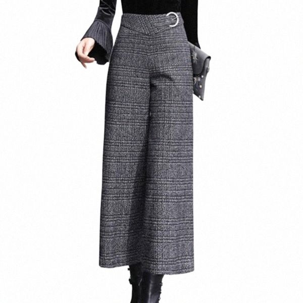 

women's pants & capris winter female casual pockets plaid long trousers back zip cotton woolen wide leg office lady work bottoms e8v4#, Black;white