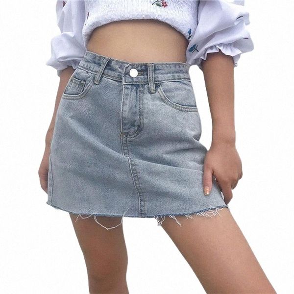 

fashion women's mini denim skirt casual high waist frayed hem a-line jean buttoms summer skirts with inner layer a6oz#, Black