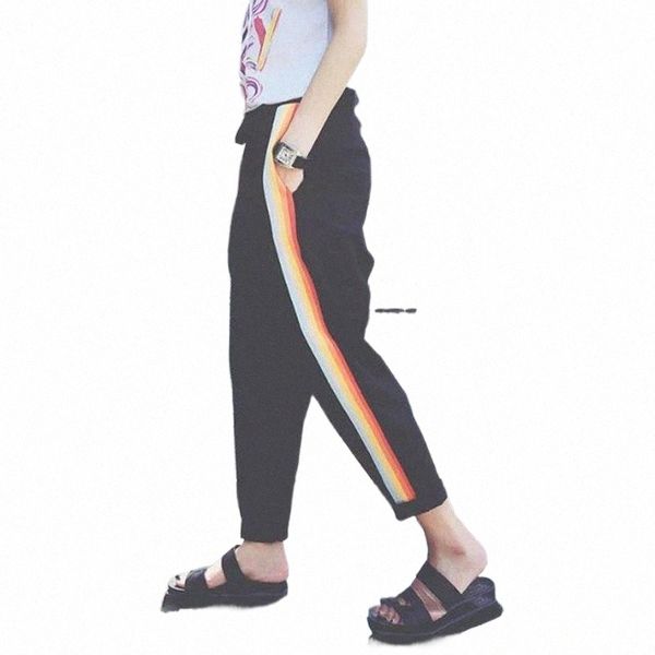 

women sports pants long strip pattern loose strappy causal slacks for fitness women's & capris t9vi#, Black;white