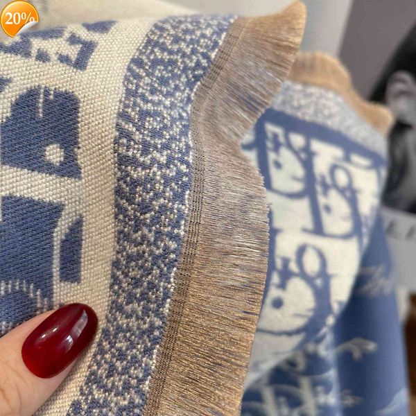 

new design scarf style shawl in autumn and winter d letter light luxury cashmere like for women high-end versatile warm tassels, Blue;gray
