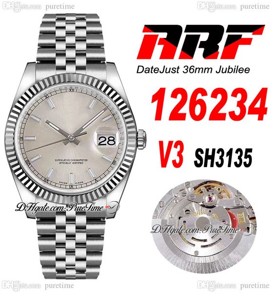 

arf v3 36 126234 sh3135 automatic watch mens womens ladies fluted bezel silver stick dial 904l jubileesteel bracelet super edition same seri, Slivery;brown