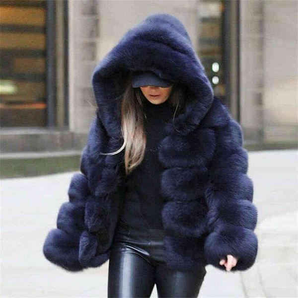 

women's jackets 2018 new fashion hooded full sleeves winter fur coat navy blue casual women faux fur thick warm jacket fourrure femme, Black;brown