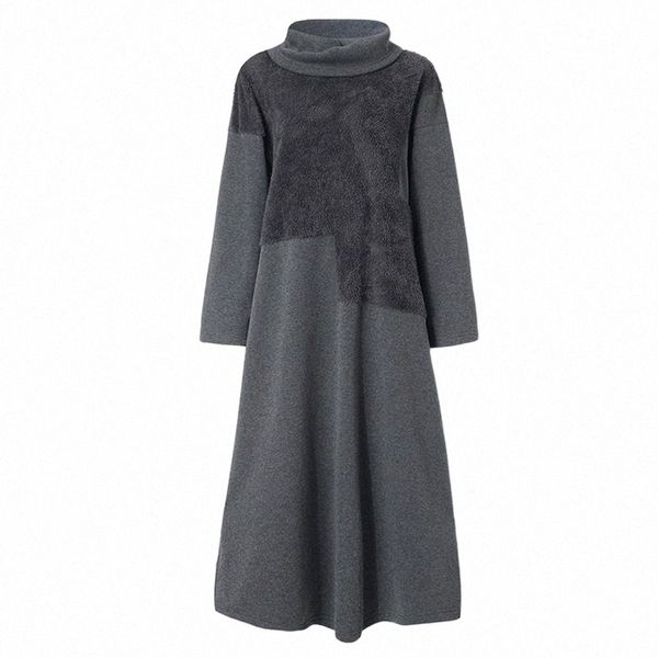 

skirts women autumn turtleneck long sleeve patchwork plush irregular hem maxi dress d5cs#, Black