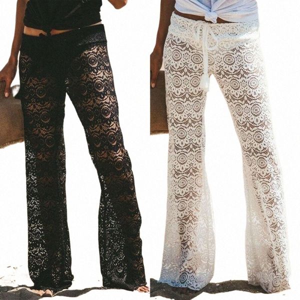 

women's beach lace mesh sheer bikini cover up swimwear drawstring transparent long flare pant trousers drop pants & capris g1fu#, Black;white