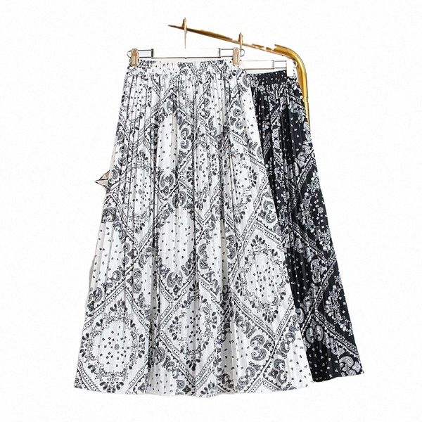 

skirts woman elegant vintage geometric print pleated skirt women summer elastic high waist chiffon midi femme jupes h5cy#, Black