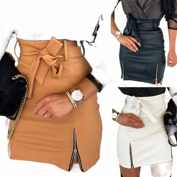 

skirts 2021 pu leather womens high waist mini skirt bodycon short zipper pencil pring fashon clothes 2xl 594u#, Black