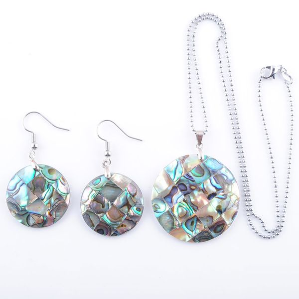 

natural paua abalone shell round fashion jewelry set for women party gift beads dangle pendant dangle hook earring chain 45cm q3001, Silver
