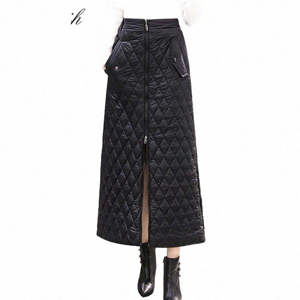 

skirts 2021 autumn winter korean women's skirt casual black fashion front zipper snow down cotton a-line warm slim long 472k#
